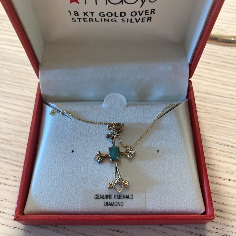 Macy’s 18KT Gold Over Sterling Silver Emerald Diamond Cross